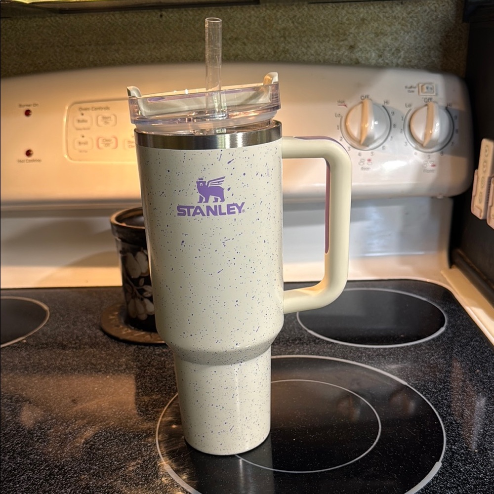 Stanley Cream Speckled Travel Mug with Purple Logo